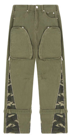 Maniere Devoir- Zip Detail Denim Cargo Pants - Khaki Camo