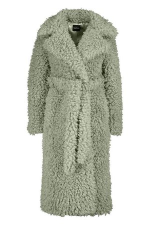 Curly Faux Fur Belted Longline Coat | Boohoo