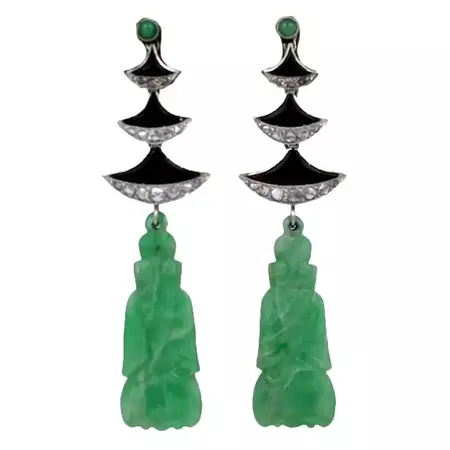 Art Deco Jade Onyx Diamond Temple Earrings For Sale at 1stDibs