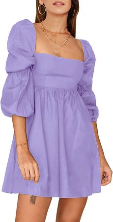 Amazon.com: EXLURA Womens Square Neck Dress Long Puff Sleeve A-Line Casual Short Mini Dress Purple : Clothing, Shoes & Jewelry