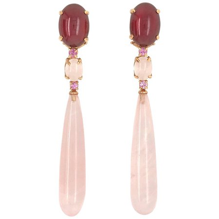 Garnet, Pink Topaz, Pink Quartz on Pink Gold 18 Karat Chandelier Earrings