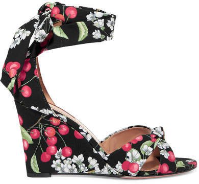 All Tied Up Printed Canvas Wedge Sandals - Black