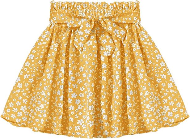 Meilidress Girls Paper Bag Waist Boho Ditsy Floral Skirt Summer Self Belted Swing Beach Mini Skirts Yellow