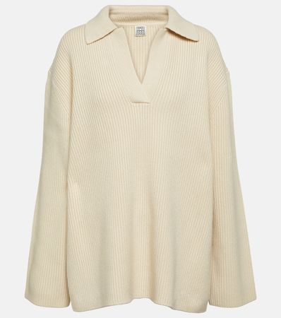 Ribbed Knit Wool Polo Sweater in Beige - Toteme | Mytheresa