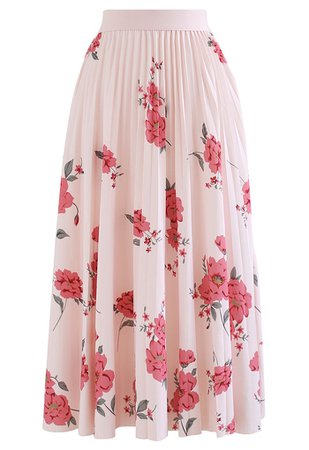 High-Waisted Floral Pleated Midi Skirt