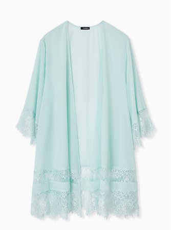 Plus Size - Mint Blue Chiffon Lace Trim Kimono - Torrid