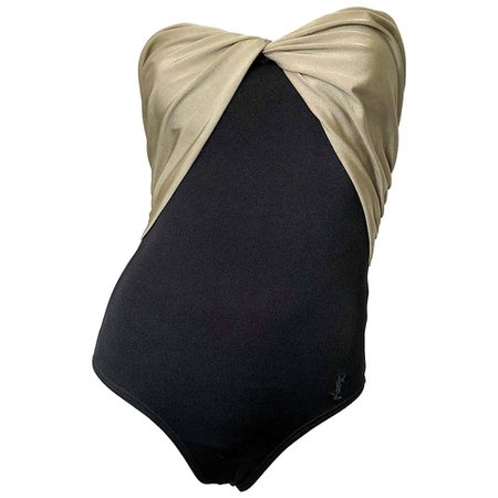 1980s Yves Saint Laurent Vintage Gold Black Strapless Logo Swimsuit Bodysuit For Sale at 1stdibs