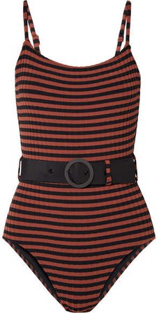 The Nina Belted Striped Ribbed Swimsuit - Black