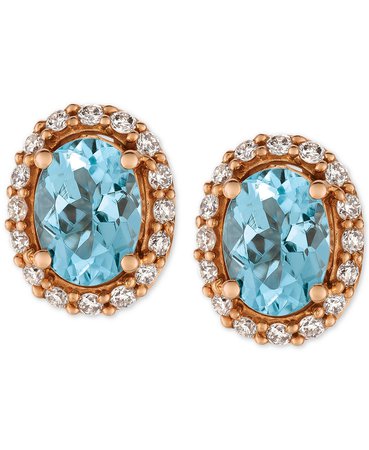 Le Vian 14k Rose Gold Sea Blue Aquamarine and Diamond Stud Earrings