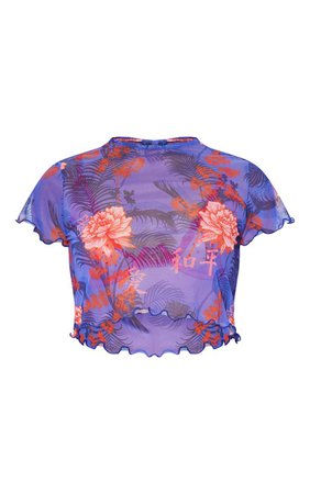 Purple Oriental Printed Mesh Short Sleeve Crop Top | PrettyLittleThing USA