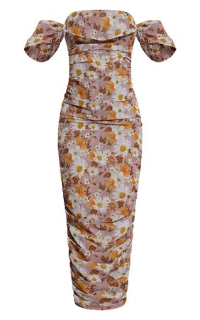 Nude Floral Print Drape Bardot Midi Dress | PrettyLittleThing USA