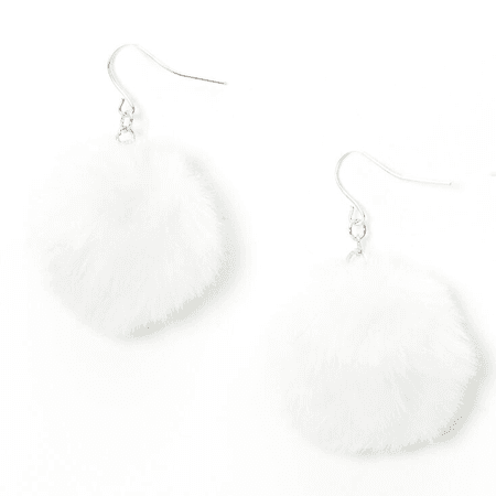 Silver 2" Pom Pom Drop Earrings - White