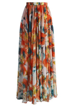 Orange Blossom Watercolor Maxi Skirt - Retro, Indie and Unique Fashion