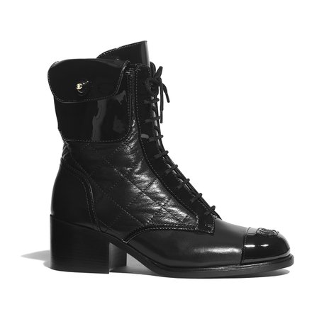 Patent Calfskin Crumpled Calfskin Black Ankle Boots | CHANEL