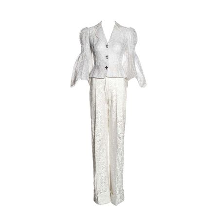 John Galliano white cutwork cotton organza blouse and wide-leg pants, ss 1996 For Sale at 1stDibs