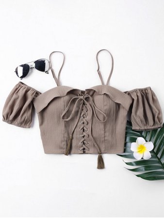 [34% OFF] 2019 Wrinkle Lace Up Crop Blouse In GREYISH BROWN | ZAFUL GB