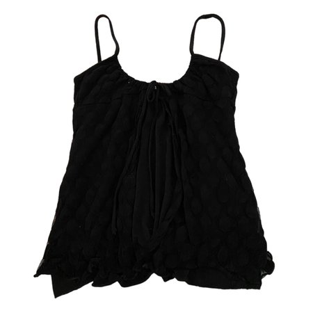 black babydoll camisole top with polka dot patterned sheer overlay and tie details