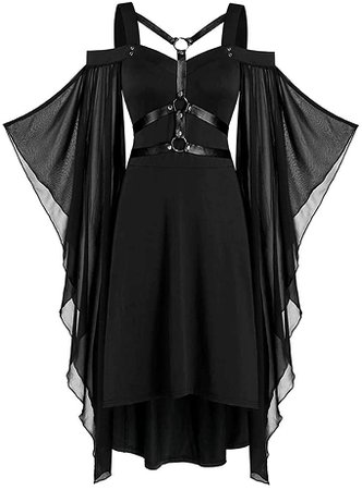 Amazon.com: Vestidos góticos Lolita, manga flare, patchwork de renda, pequeno vestido preto, tamanho grande, liso, cruzado, borboleta: Clothing
