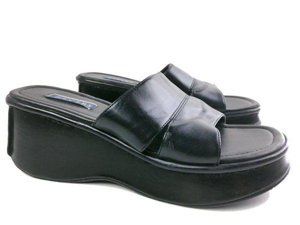 Platform Slides 8.5 Black Leather Chunky Mules Shoes Sandals | Etsy