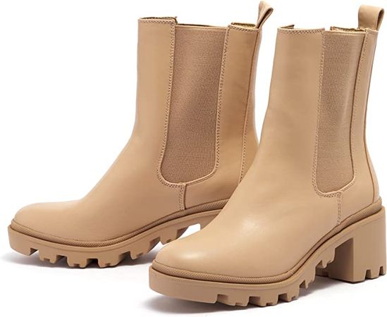 Amazon.com | REDTOP Women's Chunky Chelsea Boots Mid Calf Elastic Low Heel Platform Lug Sole Booties | Shoes