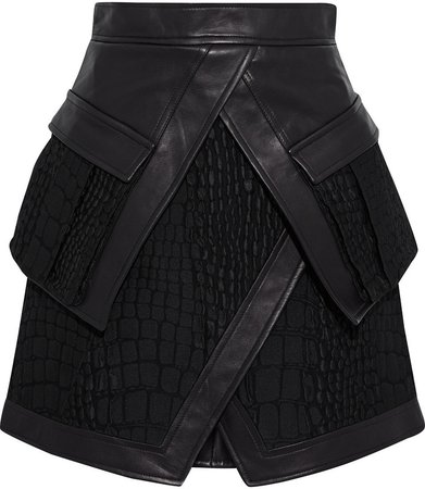 Layered Paneled Leather And Cloque Mini Skirt