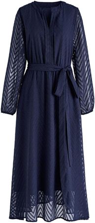 CHICWISH Women's Navy/Cream/Apricot 2023 Casual Dress Zigzag Flock Dot Fall Dresses Tie Waist Maxi Midi Dress at Amazon Women’s Clothing store