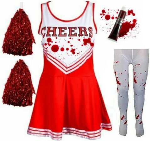 Ladies Red Zombie Cheerleader Fancy Dress Costume & Blood Stained Tights - Blue Planet Fancy Dress
