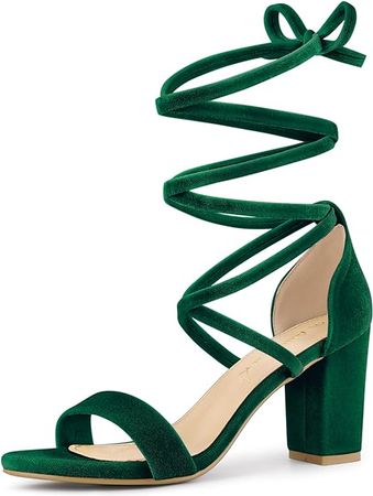 Amazon.com | Allegra K Women's Faux Velvet Lace Up Chunky Dark Green Heel Strappy Sandals 6.5 M US | Heeled Sandals