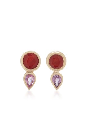 14K Gold, Coral, And Sapphire Stud Earrings by She Bee | Moda Operandi