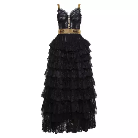 Dolce and Gabbana Black Floral Lace and Tulle Sequin Embellished Tiered Evening Gown For Sale at 1stDibs