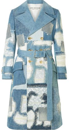 Lace-trimmed Double-breasted Patchwork Denim Coat - Blue