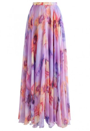 Blooming Flowers Watercolor Maxi Skirt in Lilac - Skirt - BOTTOMS - Retro, Indie and Unique Fashion