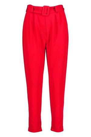Turn Up Self Belt Tailored Trouser | Boohoo red
