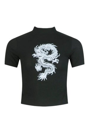 Dragon Print Ribbed High Neck Top | boohoo black