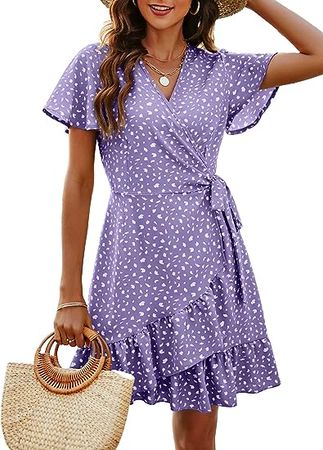 Naggoo Womens Summer Dresses V Neck Floral Print Ruffle Short Wrap Dress Light Purple S at Amazon Women’s Clothing store