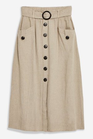 Belted Button Midi Skirt with Linen | Topshop Camel