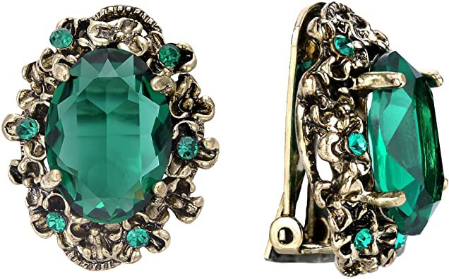 BriLove Victorian Style Clip On Earrings for Women Crystal Floral Cameo Inspired Oval Earrings Emerald Color Antique-Gold-Toned