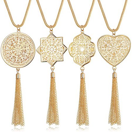 Amazon.com: Hanpabum 4PCS Platinum/Gold-Plated Long Necklace for Women Circle Tassel Fringe Pendant Necklace Set Women's Statement Necklace Fashion Jewelry, 34"+2": Clothing