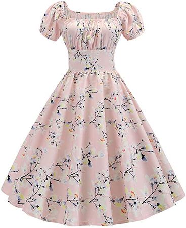 Amazon.com: Women's Square Neck Dress with Puff Sleeves Vintage 1950s Cocktail Party Dress Floral Ruched Cute Swing Dress : Clothing, Shoes & Jewelry