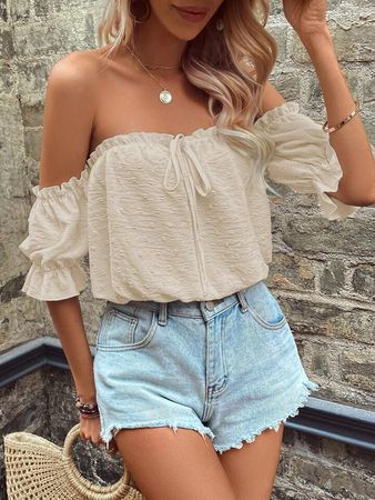 SHEIN VCAY Off Shoulder Knot Front Flounce Sleeve Blouse | SHEIN