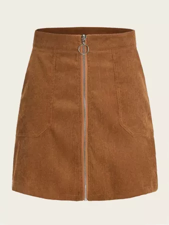 O-ring Zip Front Corduroy Straight Skirt | SHEIN USA