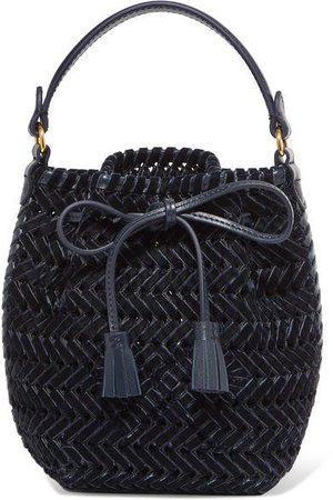 The Neeson Mini Leather-trimmed Woven Velvet Bucket Bag - Navy