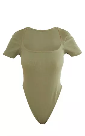 Khaki Rib Square Neck Bodysuit | Co-Ords | PrettyLittleThing USA