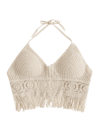 [26% OFF] 2022 Halter Fringed Trim Crochet Knit Bralette Top In WHITE | ZAFUL