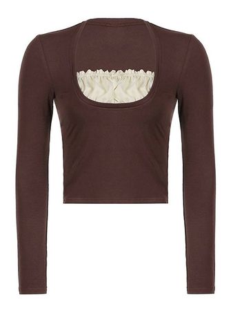 Brown Patchwork Ruched Long Sleeve Crop Top