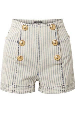 Light blue Button-embellished striped denim shorts | Balmain | NET-A-PORTER
