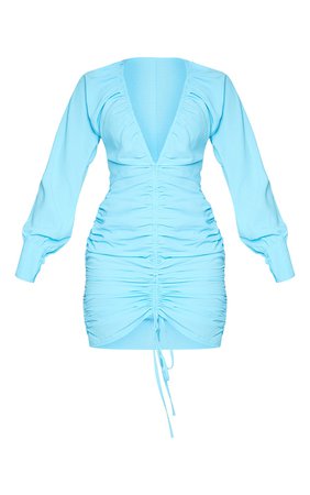 Aqua Blue Woven Plunge Long Sleeve Bodycon Dress | PrettyLittleThing USA