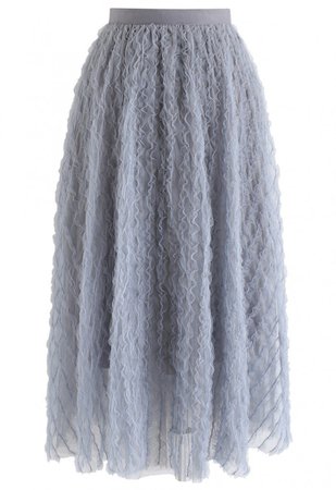 Ripple Ruffled Tulle Mesh Midi Skirt in Dusty Blue - Skirt - BOTTOMS - Retro, Indie and Unique Fashion