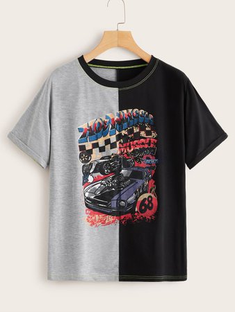 Two Tone Letter & Car Print Tee | ROMWE