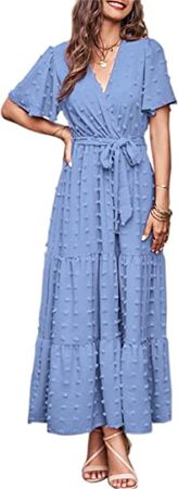MASCOMODA Dresses for Women 2022 Short Flutter Sleeve Tiered Maxi Dress Swiss Dot Solid V Neck Wedding Guest Dress with Belt(Blue, Small) at Amazon Women’s Clothing store